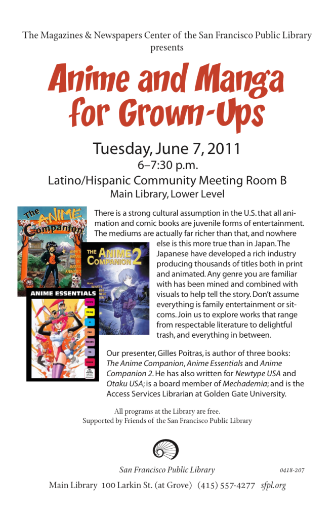 Flyer for Anime and Manga for Grown-ups Event at San Francisco Public Library